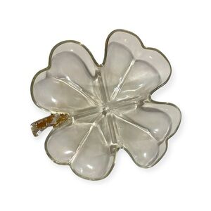 Shamrock 4-Leaf Clover Clear Glass Divided Candy Dish Appetizer w/gold trim